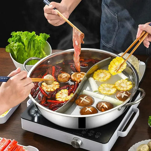 28cm Stainless Steel Twin Divided Double Pot Hotpot Cooker Chinese Hot Pot for Gas Stove Kitchen Soup Cooking